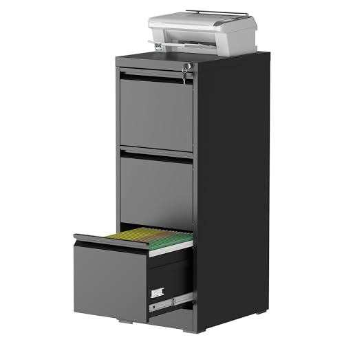 3 Drawer File Cabinet for Home Office, Vertical Filing Cabinet | Metal Lockable File Cabinet for Storage, Ideal for Legal/Letter/A4 Files, 40.4"H x 17.7"D x 15.2"W, Require Assembly, Black - color: Black, size: 40.4"H - 3 Drawer