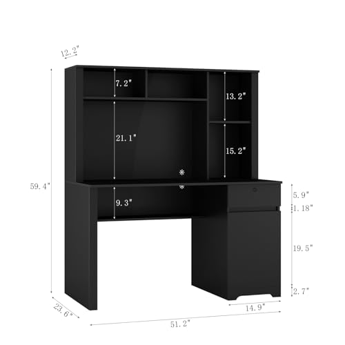 Computer Desk with Drawers & Power Outlets， File Drawers with Lock，51" Home Office Desk with Storage Shelves & Monitor Stand, Wooden Executive Desk Writing Study Desk,Black