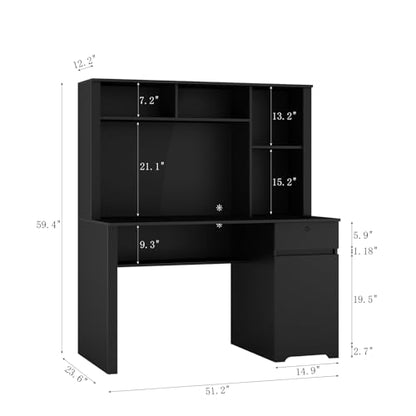 Computer Desk with Drawers & Power Outlets， File Drawers with Lock，51" Home Office Desk with Storage Shelves & Monitor Stand, Wooden Executive Desk Writing Study Desk,Black