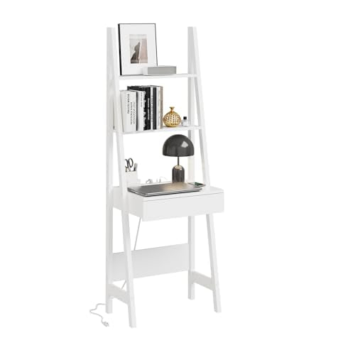 Haotian Ladder Desk with Power Outlet | Narrow Bookshelf Desk with Drawer and Shelves, Compact Secretary Desk for Small Spaces, Bedroom, Home, Office - size: Ladder Desk with Power Outlet