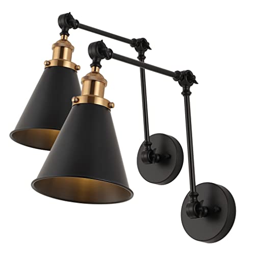 JONATHAN Y Rover 1-Light Wall Sconce 7", Black/Brass Gold, Set of 2 | Adjustable Arm, Hardwired Bedside Reading Swing Arm, Farmhouse Cone Shade, Metal Hardwired Indoor Fixture, LED Bulbs Included - color: Black/Brass Gold, size: Set of 2
