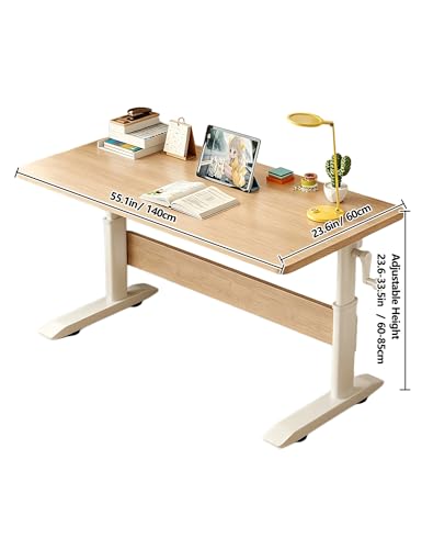 Manual Crank Standing Desk Adjustable Height 23.6-33.5 inch, Steel Frame Computer Table with Solid Wood Eco-Board Desktop and Cable Management Hole, mesa Gamer for Home Office(White,55IN) - color: White, size: 55IN
