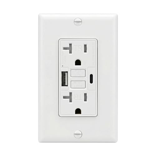 20 Amp GFCI Outlet with USB-A & C Ports, White, 1-Pack