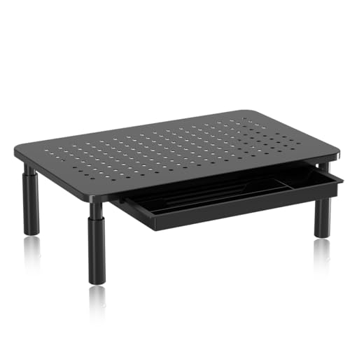 suptek Computer Monitor Stand Riser with Drawer,Monitor Riser for Laptop, Printer, Notebook and All Flat Screen TV Display with Vented Platform,3 Height Adjustable Laptop Riser,1 Pack,Black - color: Glossy Black, size: 14.6"L * 9.3"W, 14" 1 Drawer