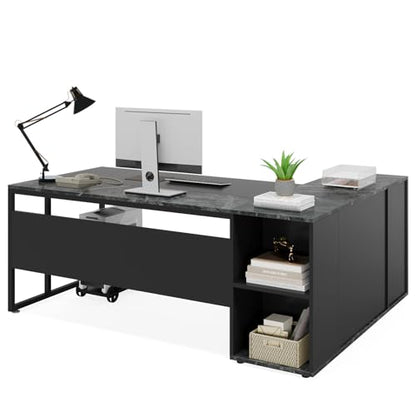 Tribesigns 71 inch Executive Desk, L Shaped Desk with Cabinet Storage, Executive Office Desk with Shelves, Business Furniture Set Workstation for Home Office, Black - color: Black