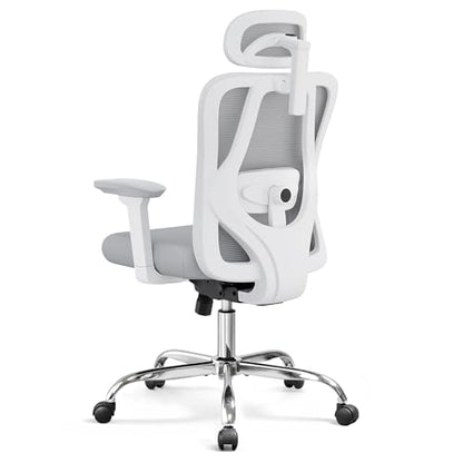 DEVAISE Ergonomic Mesh Office Chair with Adjustable 3D Headrest and Tilt Function, Big and Tall Reclining Comfy Home Computer Desk Chair with Lumbar Support and 3D Armrests, White