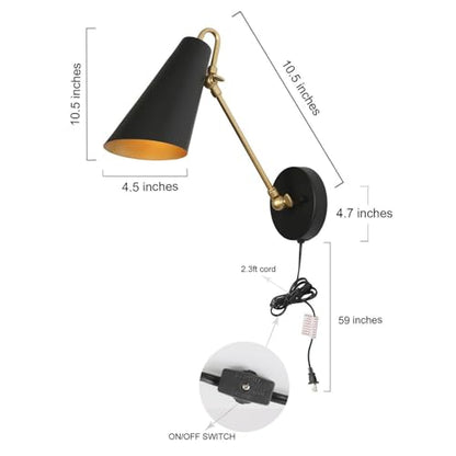KSANA Swing Arm Wall Lamp, Black and Gold Plug in or Hardwired Wall Sconces, Modern Adjustable Arm Light Fixture with On/Off Switch for Bedroom, Kitchen, Hallway and Living Room - size: Swing Arm - Cone Shade