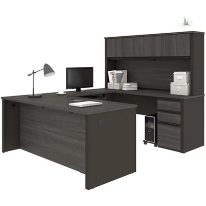 Atlin Designs 6 Piece U-Shaped Computer Desk with Hutch, Bark Gray and Slate Finish, Commercial Grade Particle Board, 66.8" H x 71.1" W x 92.6" D, Reversible Office Workstation with Storage