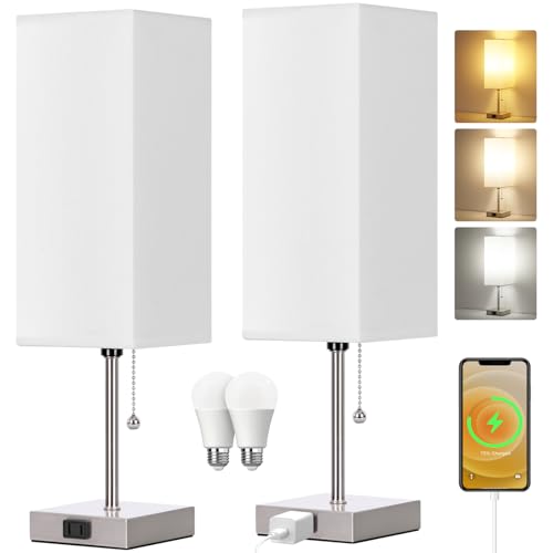 18'' Table Lamp for Bedroom set of 2,3-Color Bedside Lamps with Pull Chain - color: Nickle+white, size: 18inch