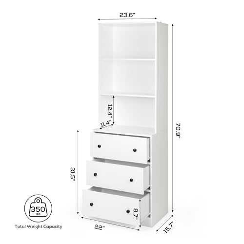 VOWNER Vertical File Cabinet, 3-Tier Modern Bookshelf with 3 Large Drawer, Wood Filing Cabinet with Open Storage Shelf, Glass Doors and Adjustable Shelves for Home Office, White (A)