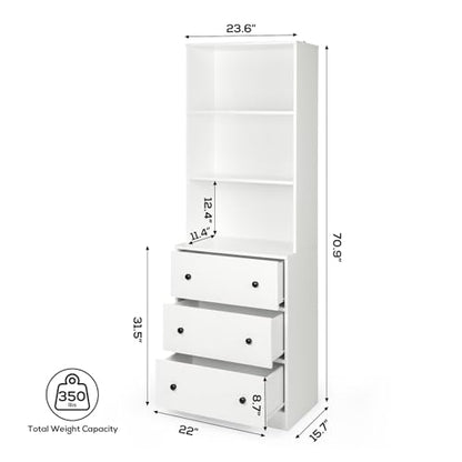 VOWNER Vertical File Cabinet, 3-Tier Modern Bookshelf with 3 Large Drawer, Wood Filing Cabinet with Open Storage Shelf, Glass Doors and Adjustable Shelves for Home Office, White (A)