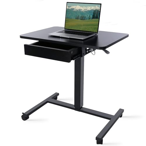 CLATINA Mobile Laptop Standing Desk, Height Adjustable Teacher Podium with Lockable Wheels, Adjustable Work Table with Drawer, Computer Cart Overbed Table for Home Office Classroom, Black - color: Black, size: With Drawers