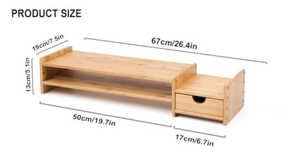 Bamboo 2-Tier Monitor Stand Riser with Drawers, Desktop Organizer for Laptop, Computer, Printer, Cellphone - Reduce Neck & Eye Strain, Office & Home Use