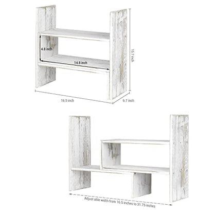 MyGift Adjustable Whitewashed Solid Wood Desktop Storage Organizer Display Shelf Book Rack, Office Desk Bookshelf - color: Whitewashed