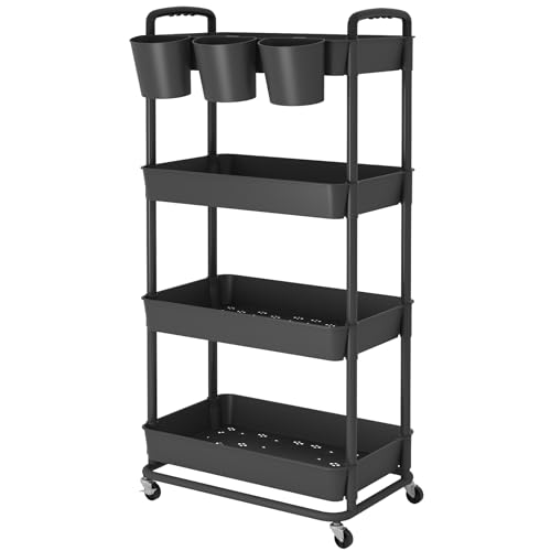 4-Tier Plastic Rolling Storage Cart Utility Cart with Extra Hanging Cups Handles Lockable Wheels for Living Room Bathroom Kitchen Office Black | Utility Cart with Extra Hanging Cups Arc-Shaped Handles Lockable Wheels for Living Room Bathroom Kitchen Offic