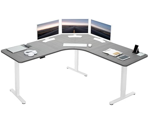 VIVO Dark Gray 71 x 71 in Corner Standing Desk, DESK-KIT-E3CWG | Electric, Triple Motor, Holds 264 lbs, Sit Stand L-Shaped Table, Height Adjustable, Memory Presets, E3C Series, White Frame - color: Dark Gray Top / White Frame, size: 71" x 71"