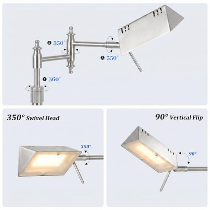 Bairth Brushed Nickel Reading Floor Lamp,Rotatable Pharmacy Standing Lamp | 90°Rotatable Lamp Head 3 Color Temperature, Dimmable, 17W LED, Height Adjustable, 360°Swing Arm, Living Room, Bedroom, Craft - color: Brushed Nickel Upgraded