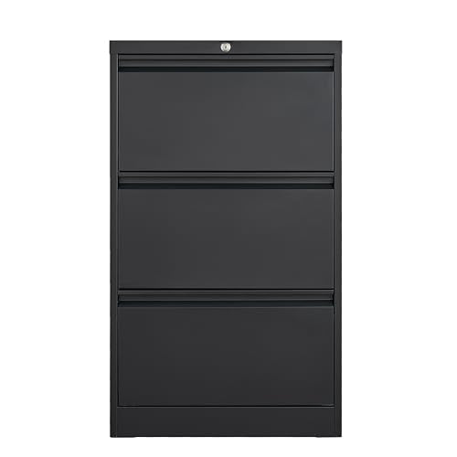 3 Drawer Lateral File Cabinet Metal Lateral Filling Cabinet with Lock, Lockable File Cabinets for Home Office with Letter/Legal/F4/A4 Size Storage Black | Black Lockable File Cabinets for Home Office with Letter/Legal/F4/A4 Size Storage