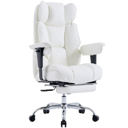 Efomao Executive Office Chair 400lbs,White Big and Tall Desk Chair | Mattress-grade pocket spring cushion, sleek leather, 135° recline & footrest for computer gaming setup. - color: 3084p-white
