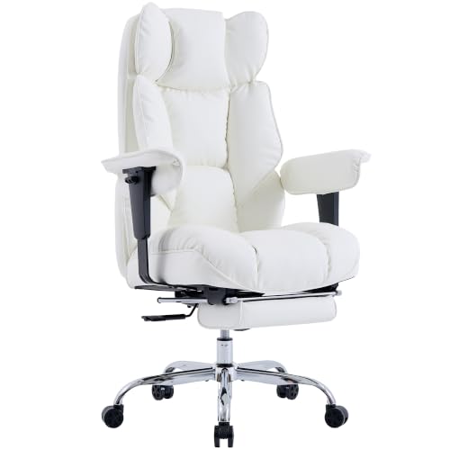 Efomao Executive Office Chair 400lbs,White Big and Tall Desk Chair | Mattress-grade pocket spring cushion, sleek leather, 135° recline & footrest for computer gaming setup. - color: 3084p-white