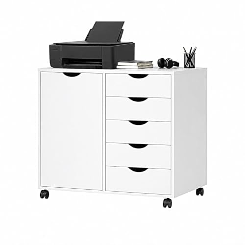SweetGO 5 Drawer Wood File Cabinet with Wheels, Large Storage Printer Stand for Home Office, Rolling Cabinet Organizer with Reinforced Structure (White) - color: White