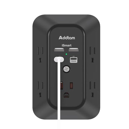 Addtam 5-Outlet Extender Surge Protector, Multi Plug Wall Outlet with 4 USB Wall Charger(PD 30W), Plug Extension Outlet 1800J, Outlet Splitter Power Strip for Home Office Dorm Room Essentials, Black - style: 2C2A PD 30W