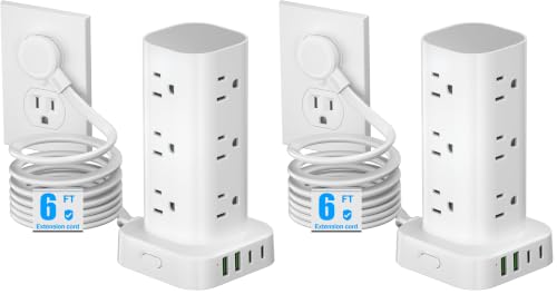 Tower Power Strips with Surge Protection, 6FT Flat Extension Cord with Multiple Outlets, 12 AC 4 USB Ports, Overload Protection Charging Station for Office Home Dorm Room Travel (White) (Pack of 2) - color: White, size: 6FT without Wireless Charger (Pack
