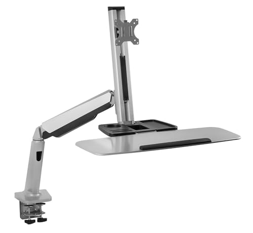 Mount-It! Sit-Stand Monitor Arm Desk Mount Workstation with Keyboard Tray, Single Monitor Mount Fits Up to 32”, Gas Spring Height Adjustable, VESA 75x75 100x100, Clamp or Grommet, Silver