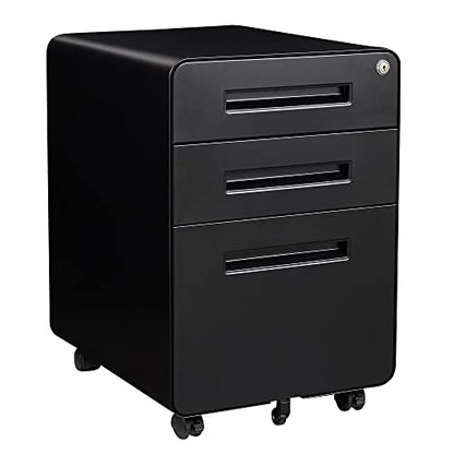 Letaya File Cabinet, 3 Drawer Filing Cabinets for Home Office with Lock Mobile Under Desk Fully Assembled Cabinet (Black) - color: Black, size: 18"D x 14.96"W x 23"H