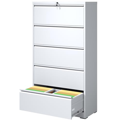 5 Drawer Metal File Cabinet for Legal/Letter Size File,Lockable - color: White, size: Lateral-5 drawers