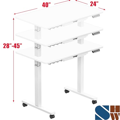 SHW Mobile Electric Height Adjustable Standing Desk w/Drawer, White | 40" Wide Top | w/ Memory Presets and Cable Management | Drawer with adjustable compartments | Hanging Hooks - color: White