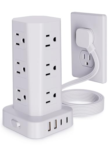 Power Strip Tower Surge Protector, 10FT Flat Plug Extension Cord with Multiple Outlets, 12 AC Outlets 4 USB (2 USB C), Desktop Charging Station with Surge Protection for Home Office Dorm Room, White - color: White, size: 10 Ft