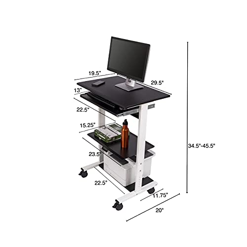 Stand Up Desk Store Mobile Rolling Adjustable Height Standing Workstation with Printer Shelf and Slideout Keyboard Tray (White Frame/Black Top, 30" Wide) - color: White/Black