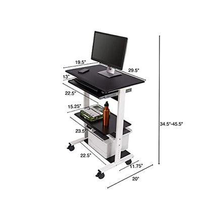 Stand Up Desk Store Mobile Rolling Adjustable Height Standing Workstation with Printer Shelf and Slideout Keyboard Tray (White Frame/Black Top, 30" Wide) - color: White/Black