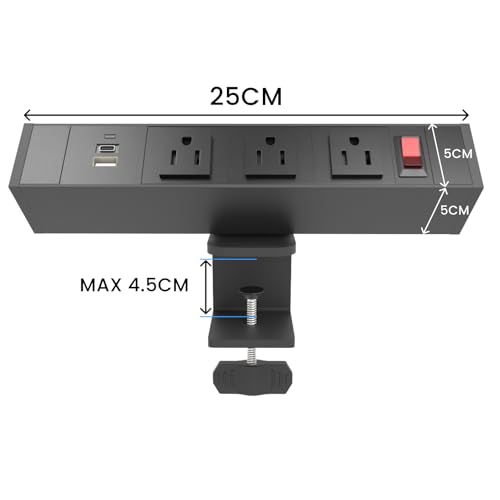 FOH Aluminum Desk Clamp Power Strip, Surge Protector, 1875W, Square | 3 in 1 Desk Stand with 3CA, Multi-Contact USB Power, Power Socket with Switch, 3 Port Clamp, USB-A & USB-C, 6FT Cable - size: Square