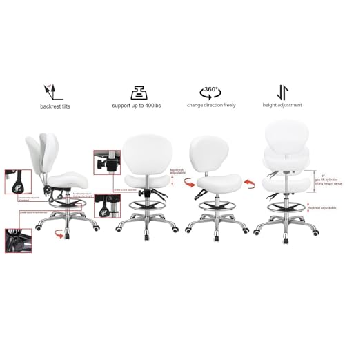 Kaleurrier Adjustable Stools Drafting Chair: with Back Support & Foot Rest | Ergonomic Design Solves Physical Discomfort and Safety Hazards Issues - Heavy Duty 400 lb Weight Capacity - for Professionals - color: White
