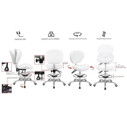 Kaleurrier Adjustable Stools Drafting Chair: with Back Support & Foot Rest | Ergonomic Design Solves Physical Discomfort and Safety Hazards Issues - Heavy Duty 400 lb Weight Capacity - for Professionals - color: White