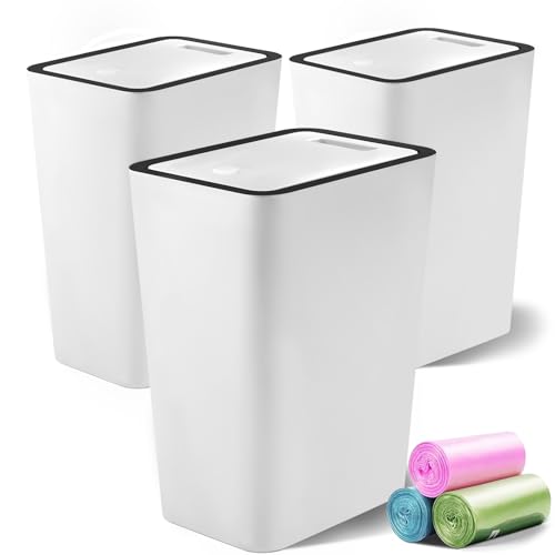 Lysam 4 Gallon Trash Can 3 Packs, Bedroom Trash Can with Lid & Trash Bags | Small Garbage Can Press-Top for Dog & Child Proof, Oder Seal, Waste Basket for Bedroom, Office, Living Room, Bathroom, White - color: White - 3 Packs