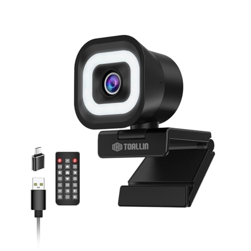 TOALLIN 4K Webcam with Ring Light, Remote Control, PDAF Autofocus | Built-in Dual Mic, 5X Zoom, USB Computer Camera for Live-Streaming/Meetings/Video Calls - style: 4K Webcam with Ring Light