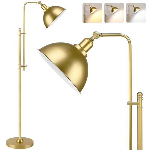 PARTPHONER Industrial Floor Lamp Adjustable, Rustic Farmhouse Reading Lamp in Aged Gold Finish, Modern Standing Lamp with Remote Control Metal Shade for Living Room Bedroom Study Room Office Hotel - color: Gold