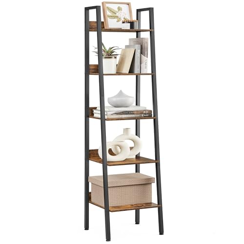 VASAGLE Bookshelf, 5-Tier Narrow Bookcase, Ladder Shelf | For Home Office, Living Room, Bedroom, Kitchen, Rustic Brown and Matte Black, BARNET Collection ULLS109B01 - color: Rustic Brown + Ink Black, size: 5 Tiers (13.3"W), style: With back panels