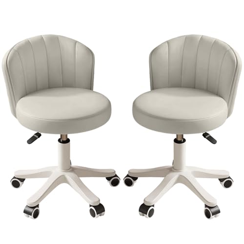 Small Round Rolling Desk Chair Armless Comfy Vanity Computer Chair with Low Backrest PU Leather Height Adjustable Swivel Work Spa Chair - color: Grey, style: Set of 2 with backrest