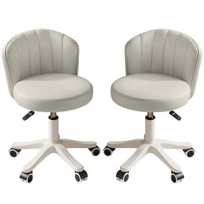 Small Round Rolling Desk Chair Armless Comfy Vanity Computer Chair with Low Backrest PU Leather Height Adjustable Swivel Work Spa Chair - color: Grey, style: Set of 2 with backrest
