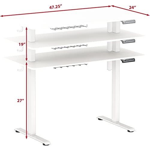 SHW 48-Inch Electric Height Adjustable Sit to Stand Desk, White | with Hanging Hooks and Cable Management, White Frame and White Top - color: White, size: 48-Inch
