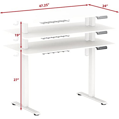 SHW 48-Inch Electric Height Adjustable Sit to Stand Desk, White | with Hanging Hooks and Cable Management, White Frame and White Top - color: White, size: 48-Inch