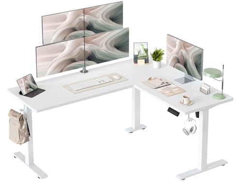 TIQLAB L Shaped Standing Desk Adjustable Height, Electric Corner Standing Desk, 63 x 55 inch Sit Stand Computer Table with Splice Board, White - color: White, size: 63*55 inch with splice board
