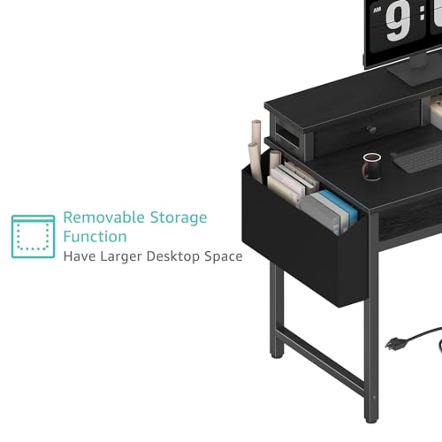 Lufeiya Small Desk with Drawers for Home Office Bedroom, 31 inch Black Writing Study Desks with Fabric Drawers Storage, Gaming Desk Table with Power Outlet & Monitor Stand, Black - color: Black