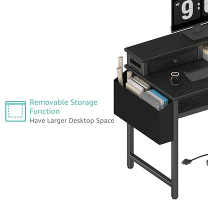 Lufeiya Small Desk with Drawers for Home Office Bedroom, 31 inch Black Writing Study Desks with Fabric Drawers Storage, Gaming Desk Table with Power Outlet & Monitor Stand, Black - color: Black