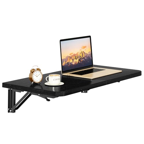 IBUYKE Wall Mounted Folding Table, Floating Wall Desk for Small Spaces, Fold Down Laundry Shelf with Heavy-Duty Brackets, Wall Table for Home Office/Bar/Kitchen/Dining Black UTVT005B - color: Black