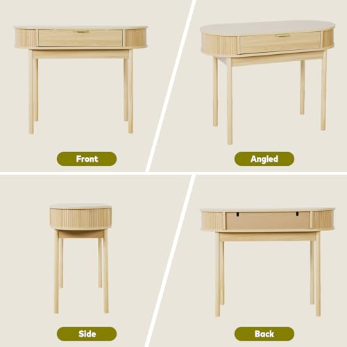 Fluted Small Computer Desk with Drawer, 40 Inch Mid-Century Modern Writing Desk with Solid Wood Legs,Compact Study Table for Small Spaces, Home Office, Bedroom,Natural - color: Natural